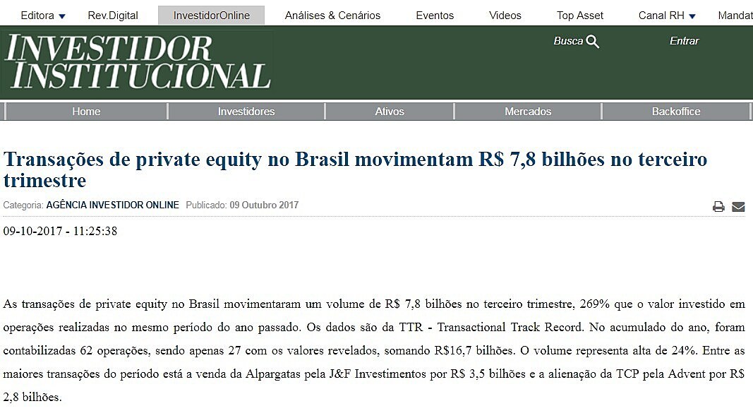 Transaes de private equity no Brasil movimentam R$ 7,8 bilhes no terceiro trimestre